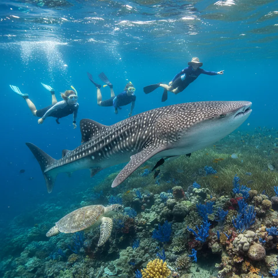 Snorkelers swimming alongside a massive whale shark above a vibrant coral reef at Ningaloo Reef, Australia—clear blue water, eco-friendly dive gear, an onboard marine biologist pointing out marine life, seagrass beds and turtles in the background