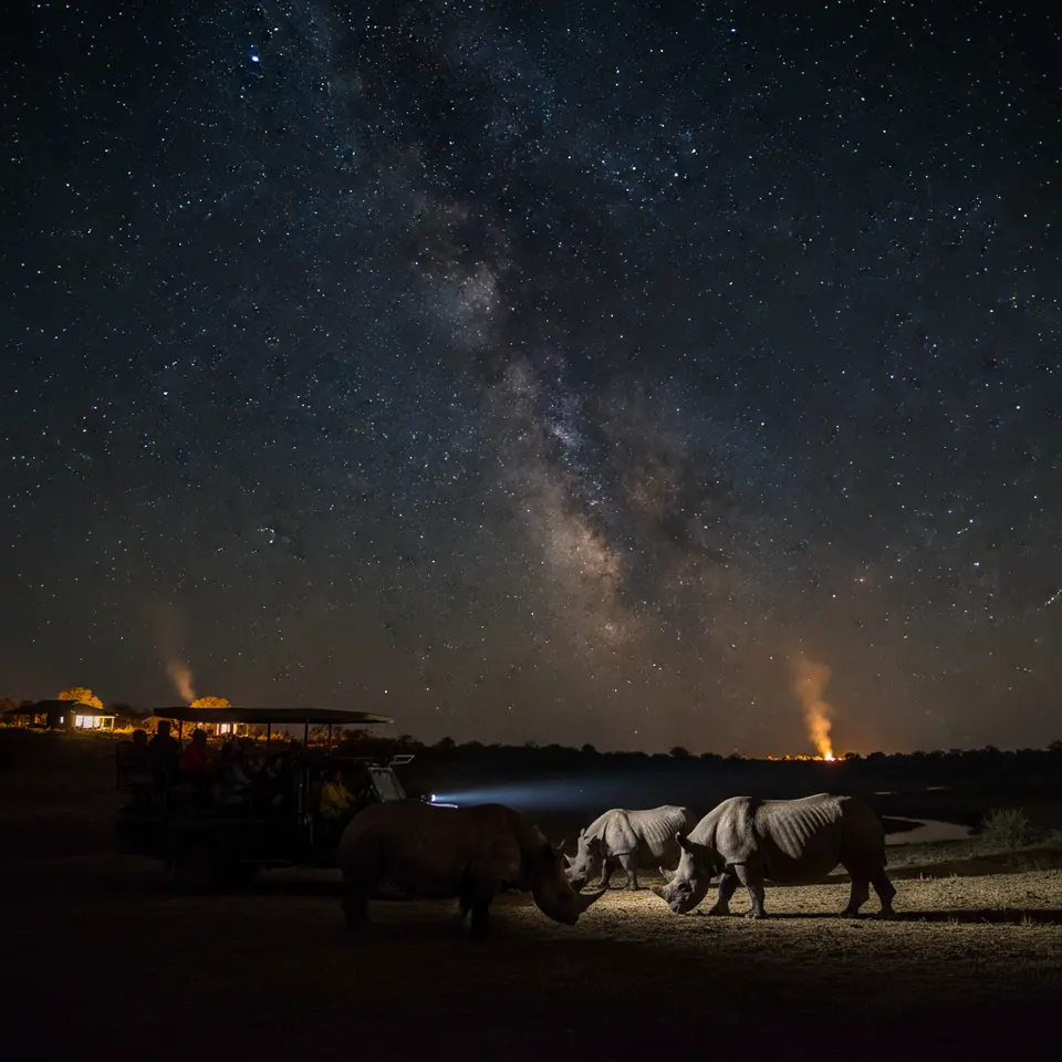 A nighttime rhino drive at Khama Rhino Sanctuary, Botswana—with black and white rhinos illuminated by low-intensity LED spotlights under a star-filled sky, a guided safari vehicle in silhouette, solar-powered eco-lodge chalets visible on the horizon, and distant community fires flickering