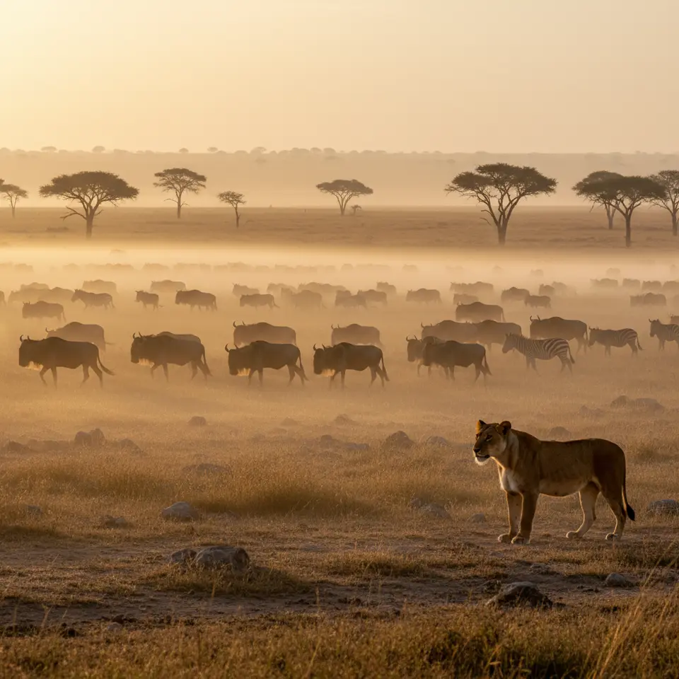 Masai Mara, Kenya – a vast golden savanna at first light, with silhouetted acacia trees dotting the horizon, herds of wildebeest and zebras stirring in the mist, and a lone lioness emerging from the dawn glow