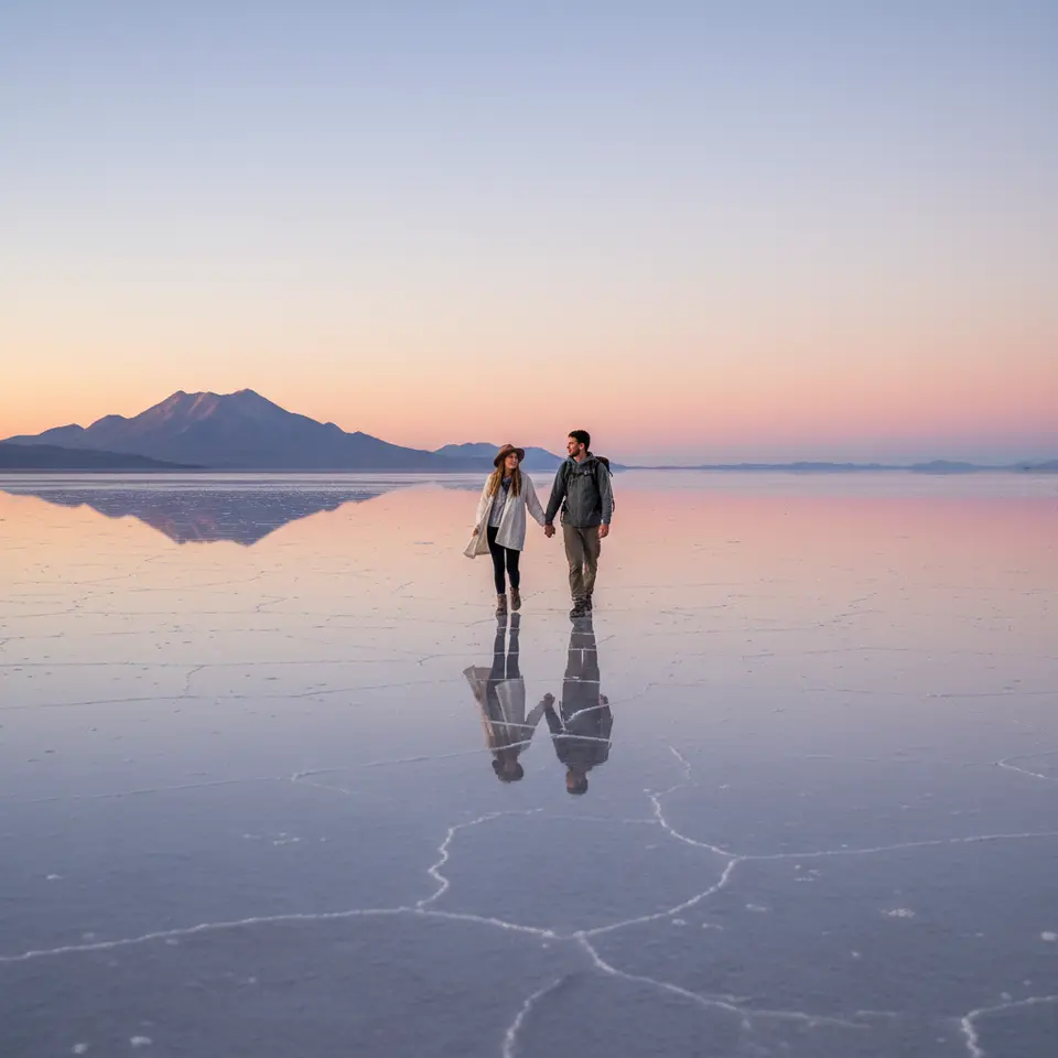 Salar de Uyuni, Bolivia – an endless salt flat covered by a thin layer of water, turning the plain into a seamless mirror reflecting pastel sunrise skies and distant mountain silhouettes, creating an infinite horizon effect