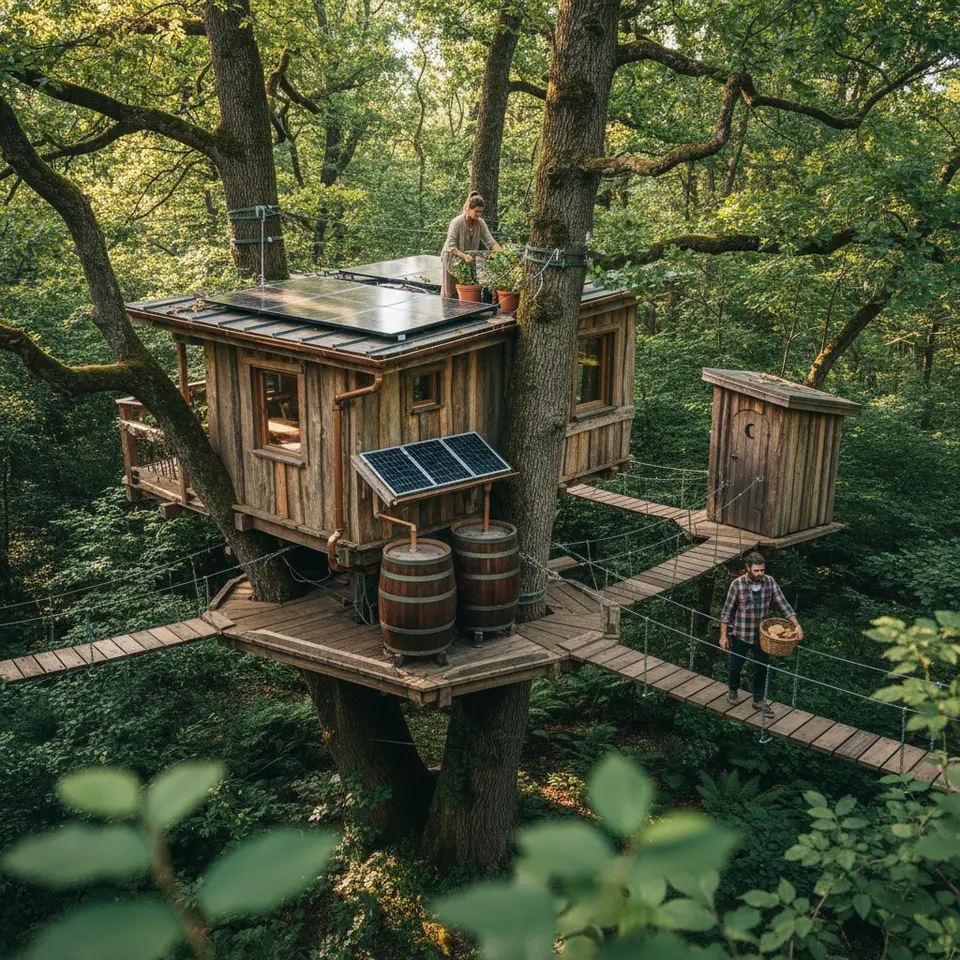 A sustainable eco-friendly treehouse nestled in a dense forest canopy, showcasing tensioned cable supports, zero-cut wooden walkways weaving between mature trunks, rooftop solar panels, rainwater-harvesting gutters feeding sleek filtration barrels, and a composting toilet hut—all set against lush green foliage and dappled sunlight.