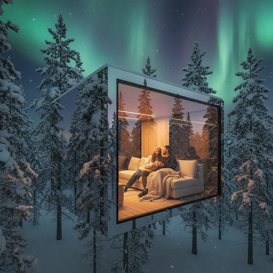 A minimalist mirrored glass pod suspended among snow-clad Scandinavian pines, its reflective exterior blending into the winter landscape while a floor-to-ceiling window reveals a cozy, warmly lit interior and a sky ablaze with the northern lights.