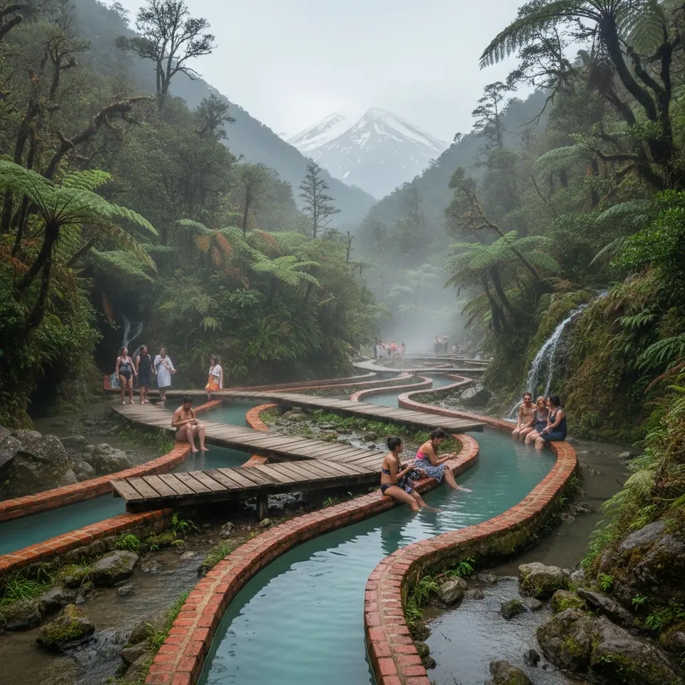 Termas Geométricas (Chile): A mist-filled Andean canyon lined with narrow, brick-edged thermal pools connected by rustic wooden catwalks; lush temperate rainforest and cascading streams surround steaming water channels, evoking a fire-and-ice contrast against distant snow-topped peaks.