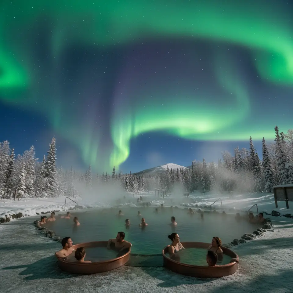 Chena Hot Springs Resort (Alaska): Open-air geothermal lagoons and intimate copper baths nestled in boreal forest, their warm, mineral-rich waters rising as steam under a vast Arctic sky illuminated by swirling green and violet Northern Lights.