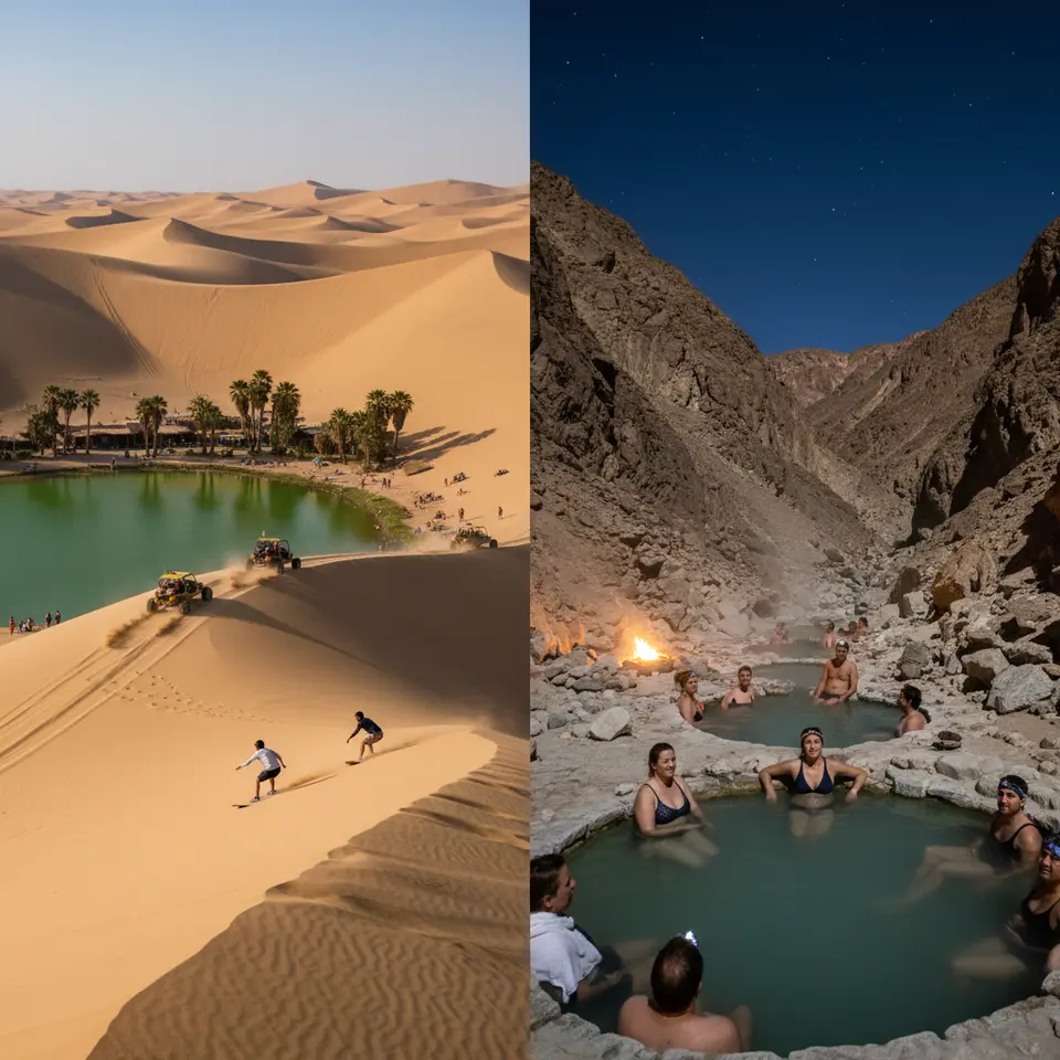 Americas’ Hidden Springs: a verdant lagoon cradled by towering ochre dunes at Huacachina—complete with dune buggies racing down wind-sculpted ridges and sandboarders in mid-descent—juxtaposed with Saline Valley’s remote, rock-hewn geothermal pools set against sheer canyon walls under a star-studded sky