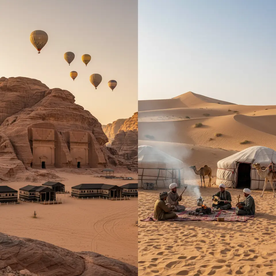 Middle Eastern & Central Asian Wonders: Al Ula’s rose-hued sandstone cliffs dotted with ancient Nabatean tomb facades, luxury desert camps blending into the rock face, and hot-air balloons drifting at sunrise, alongside Kara Kum’s nomadic yurt encampment on “singing” dunes where camel-milk tea is shared and folk musicians gather around an open fire