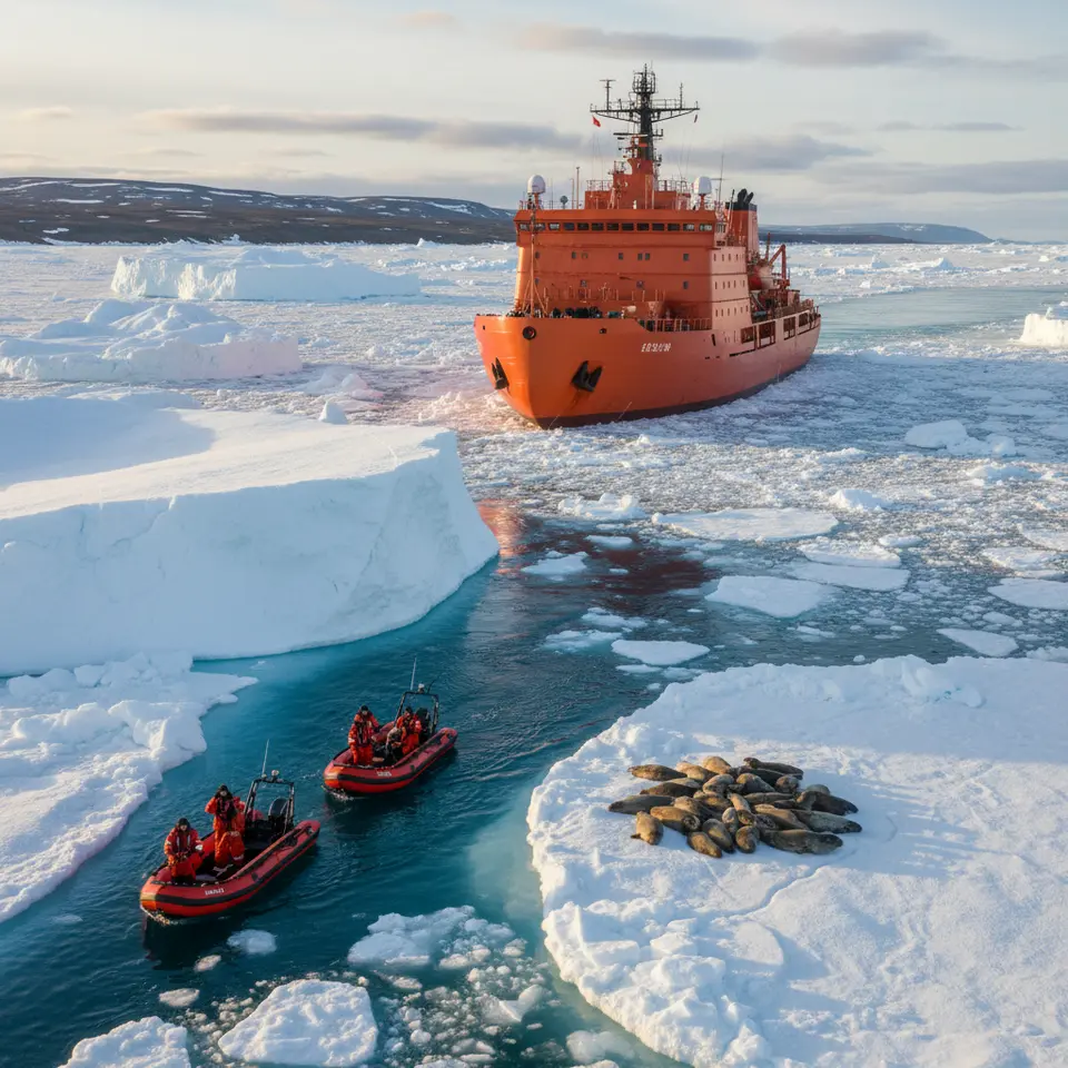A reinforced icebreaker forging a path through thick Arctic sea ice under 24-hour daylight, surrounded by massive tabular icebergs and drifting floes, with small wildlife‐spotting Zodiacs alongside and distant Arctic tundra shorelines.