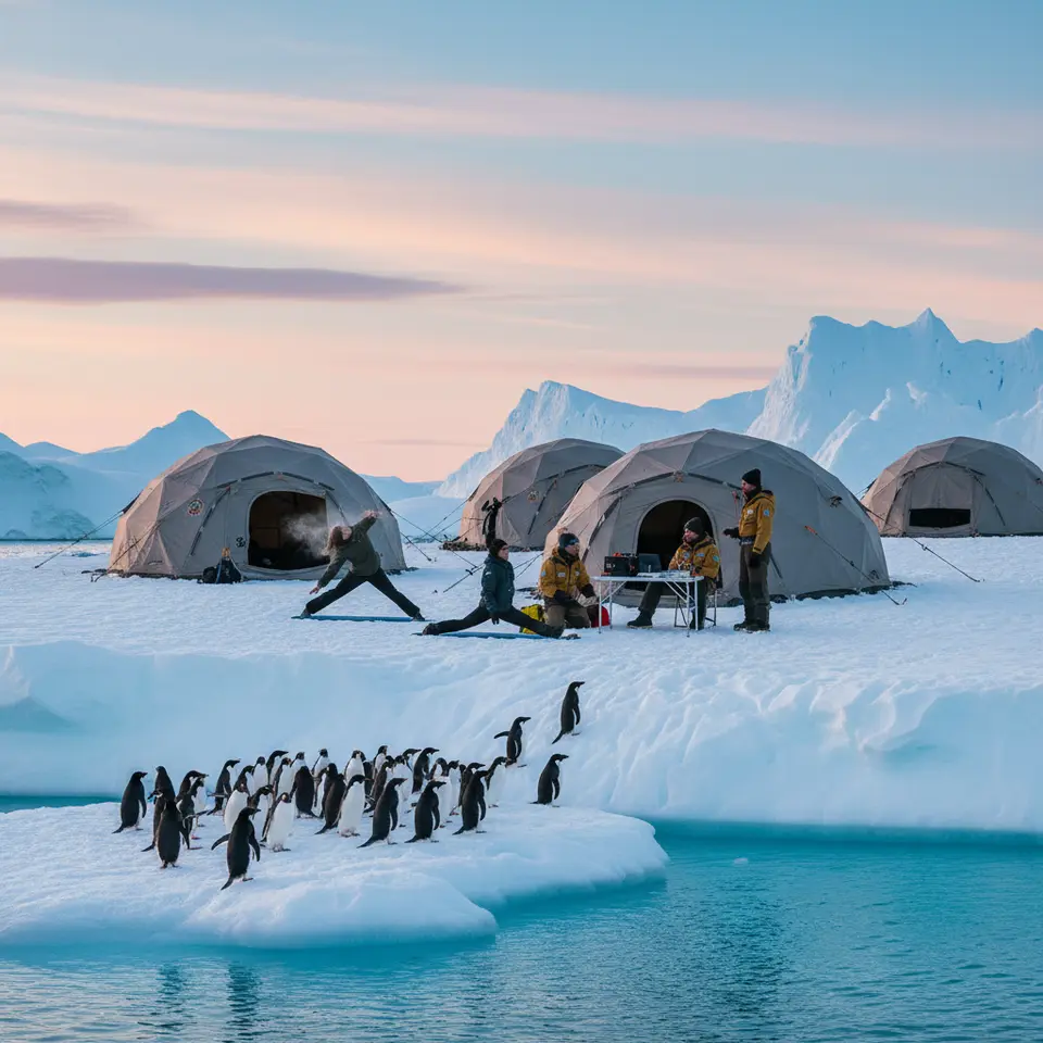 An exclusive glamping camp on a stabilized Antarctic iceberg: insulated tents anchored on a flat ice platform, yoga mats laid out under pastel skies, nearby penguin colony offshore, and a small science team conducting briefings beside the tents.