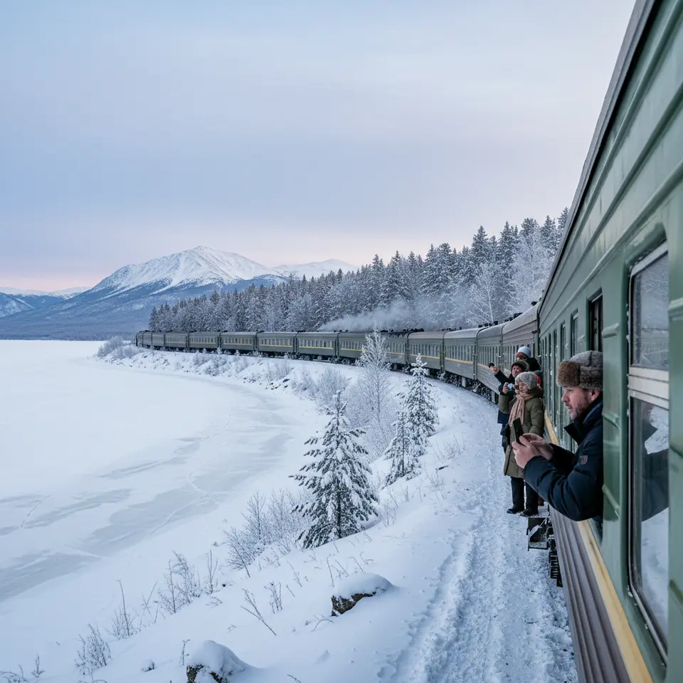 Trans-Siberian Railway Route: A long passenger train snaking through the snow-draped pine forests of the Siberian taiga, skirting the frozen expanse of Lake Baikal under a pale winter sky, with distant Ural Mountains rising on the horizon.