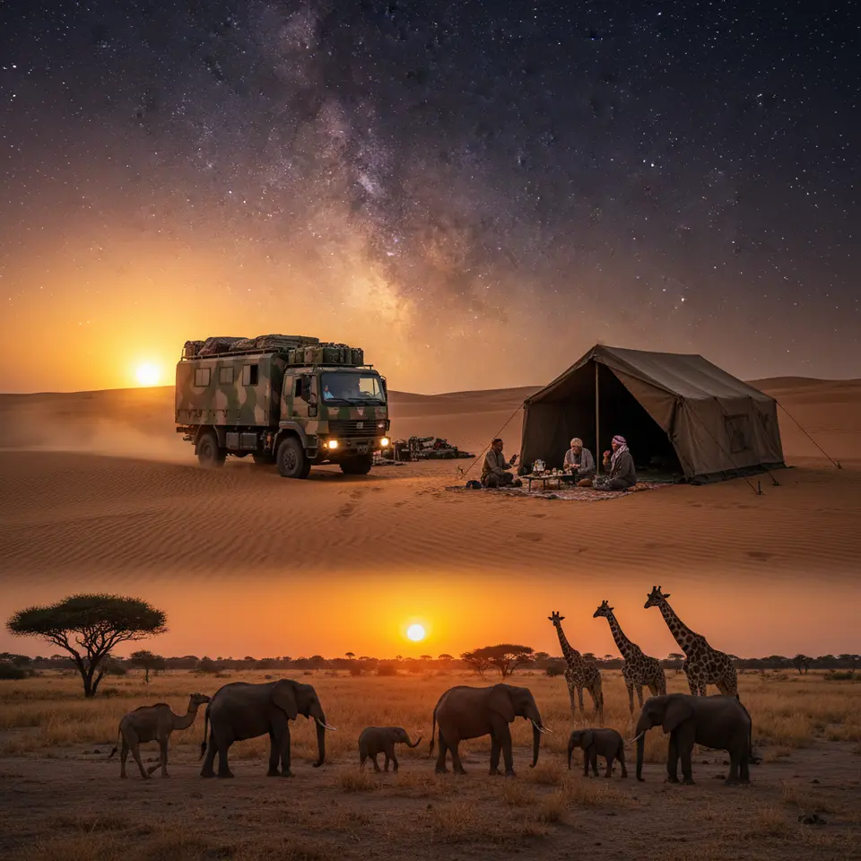 Overland Desert Express Expedition: An overland expedition truck rolling across the golden dunes of the Nubian Desert at dusk, a roadside camp under a star-filled sky where travelers share tea with camel herders, and a panoramic savannah scene with elephants and giraffes silhouetted against an African sunset.