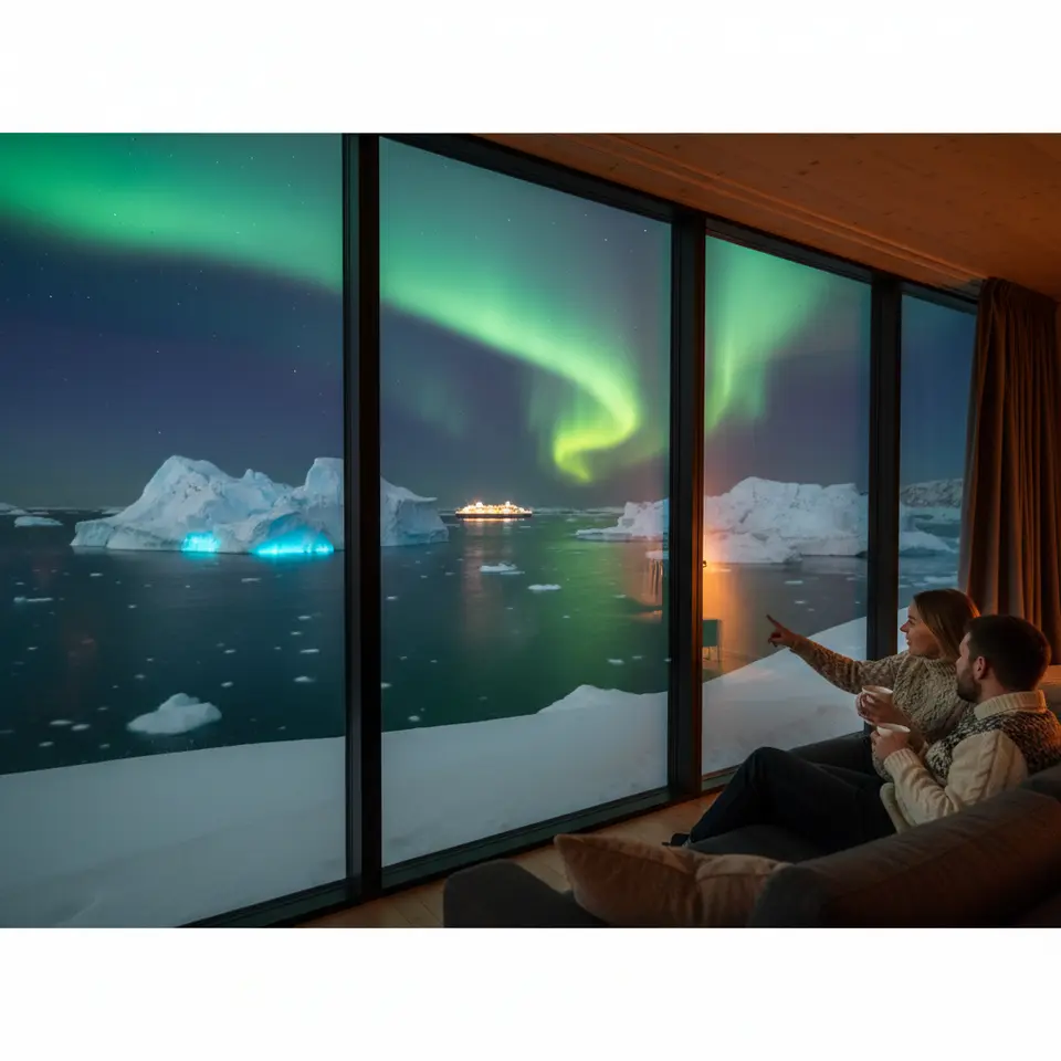 Ilulissat, Greenland – A panoramic view of the UNESCO-listed Icefjord at night: colossal floating icebergs drifting beneath vibrant green and purple aurora curtains, seen from the floor-to-ceiling windows of a heated glass-walled lodge, with an ice-fjord cruise boat drifting among the bergs.