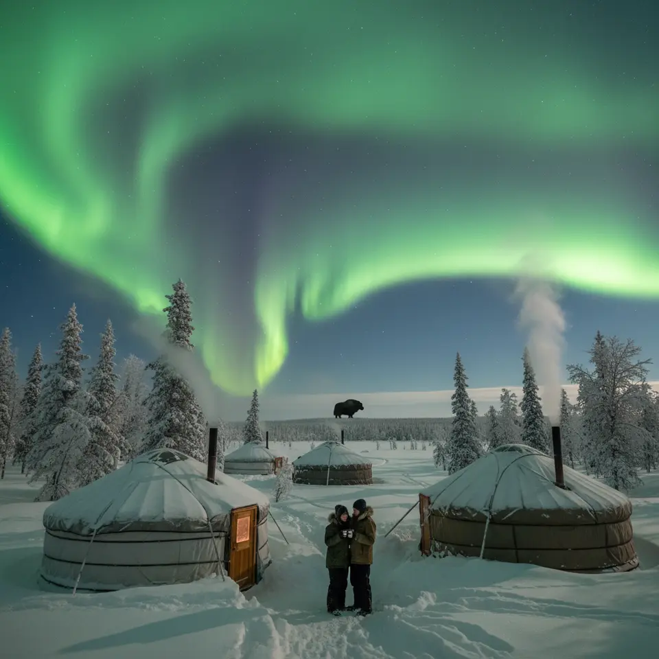 Yukon Territory, Canada – A remote wilderness camp under the northern lights: insulated wood-stove yurts nestled in snow-covered boreal forest and rolling tundra, a lone muskox silhouette on the horizon, and vivid green aurora arcs swirling overhead.
